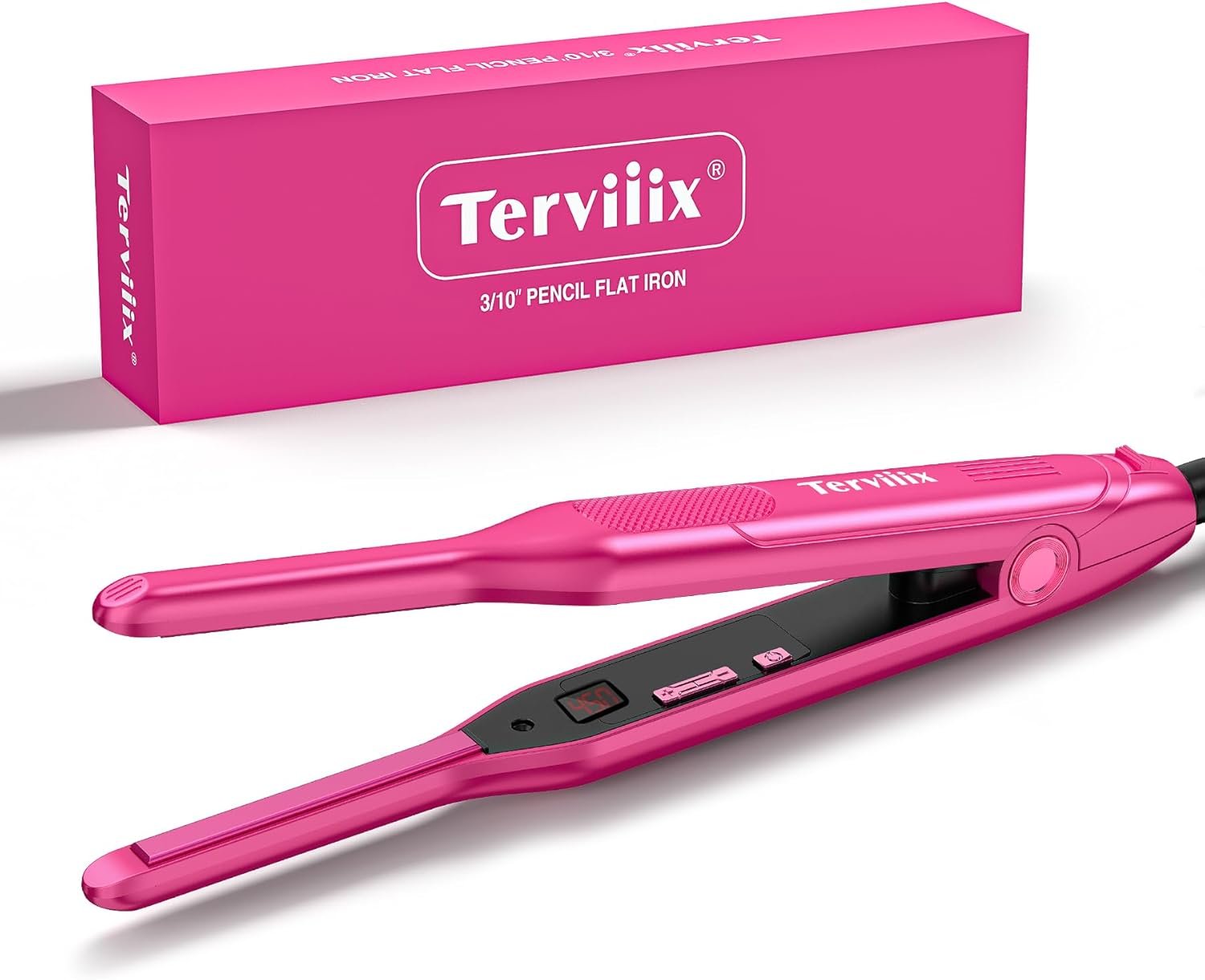 Terviiix Mini Flat Iron and Hair Straightener for Short Hair, Edges, and Pixie Cut – 3/10 Inch Skinny Pencil Straightener for Black Women’s Baby Hair, LCD Digital Display, Dual Voltage, Pink