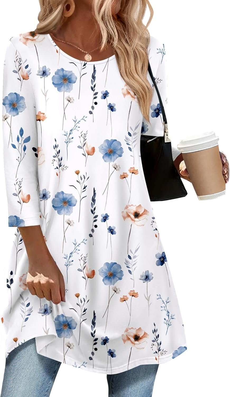 Zeagoo Women Tops 3/4 Sleeve Dressy Casual Plus Size Tunics to Wear with Leggings Swing Flare T-Shirt Loose Blouses