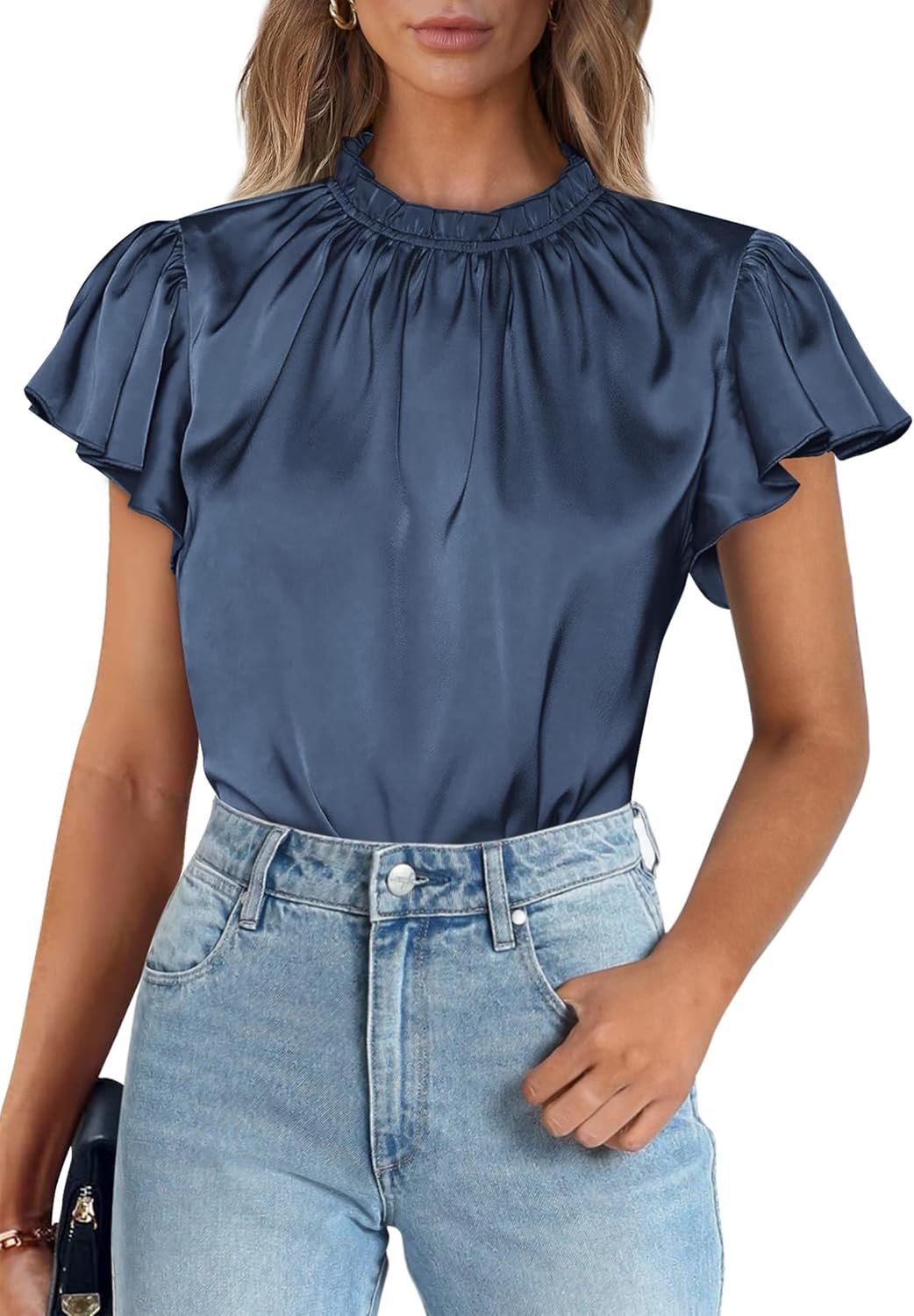 PRETTYGARDEN Business Casual Tops for Women Blouses Dressy 2026 Summer Short Sleeve Ruffle Satin Work Office Attire
