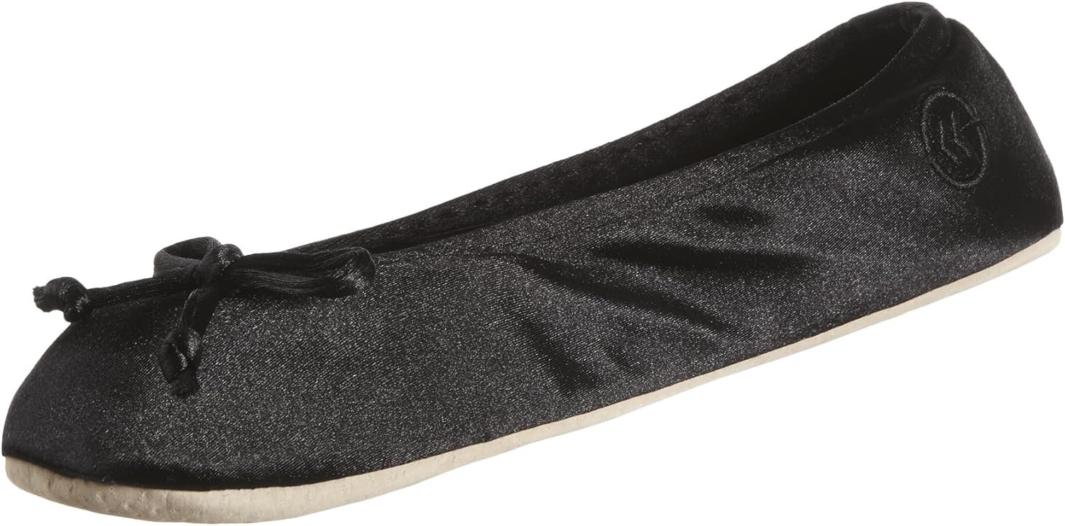 isotoner Women’s Classic Stretch Satin Ballerina Slippers with Bow Tie and Leather Sole, Black, 8-9