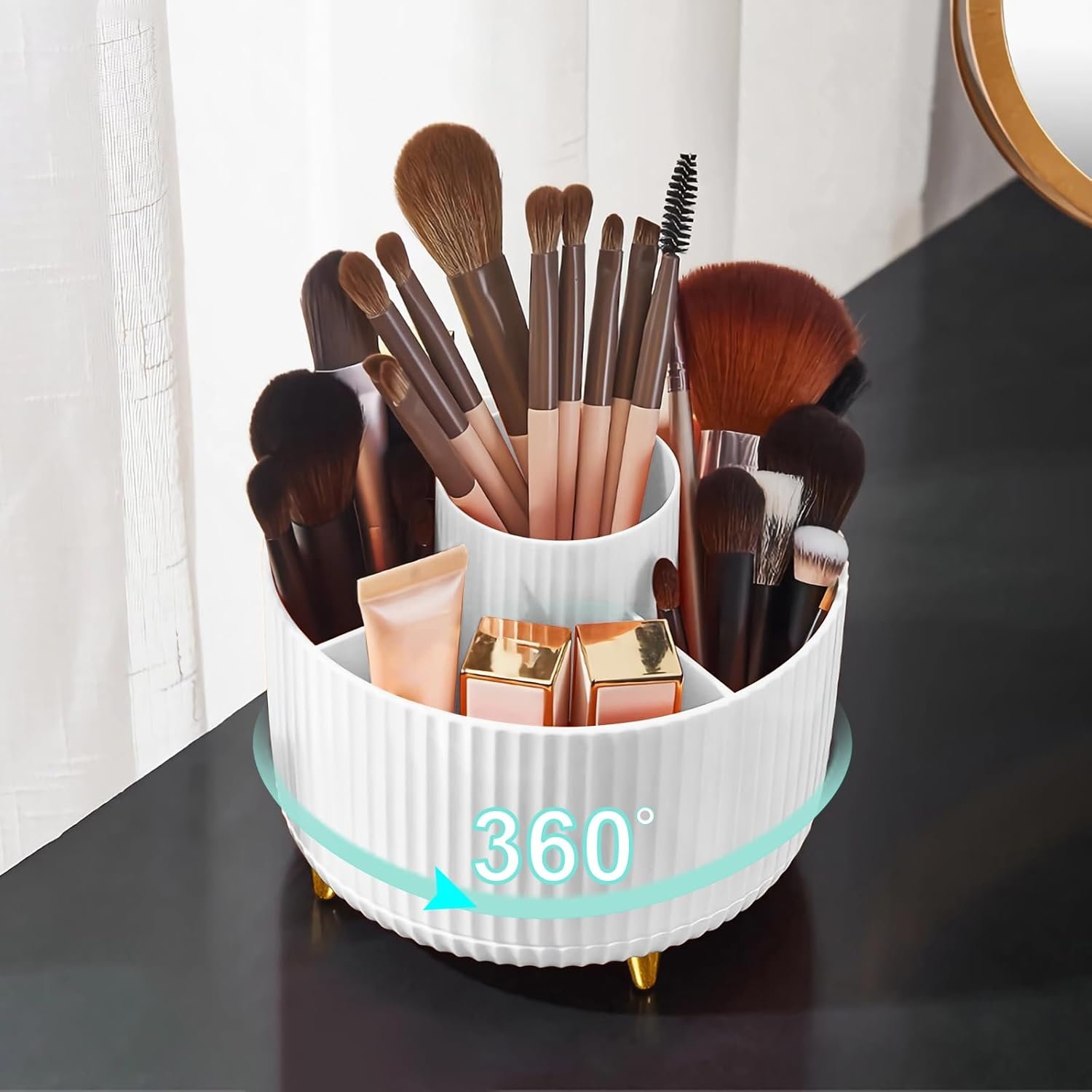 Diesisa Makeup Brush Holder Organizer,360° Rotating Makeup Brush Organizer,5 Slot Make up Brushes Cup for Cosmetics, Nail Polish, Art Supply, Bathroom Vanity Desktop Organizer – White