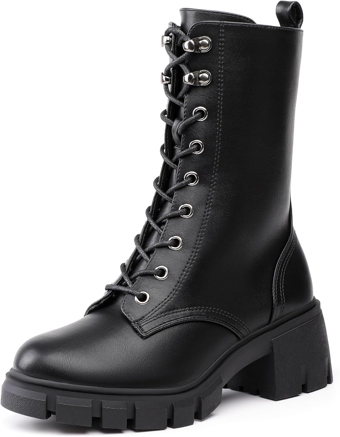 IDIFU IN3 Platform Combat Boots for Women Mid Calf Lace Up Boots Lug Sole Low Chunky Block Heel Boots Closed Round Toe Side Zipper Booties Fashion Thick Fall Heeled Boots-LOOSEN ALL LACES FIRSTLY