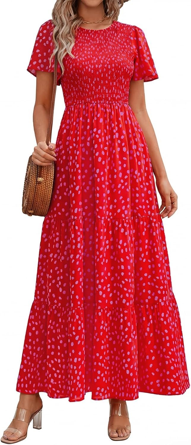 PRETTYGARDEN Women’s 2026 Summer Casual Flutter Short Sleeve Boho Floral Maxi Dress Crew Neck Smocked Tiered Long Dresses