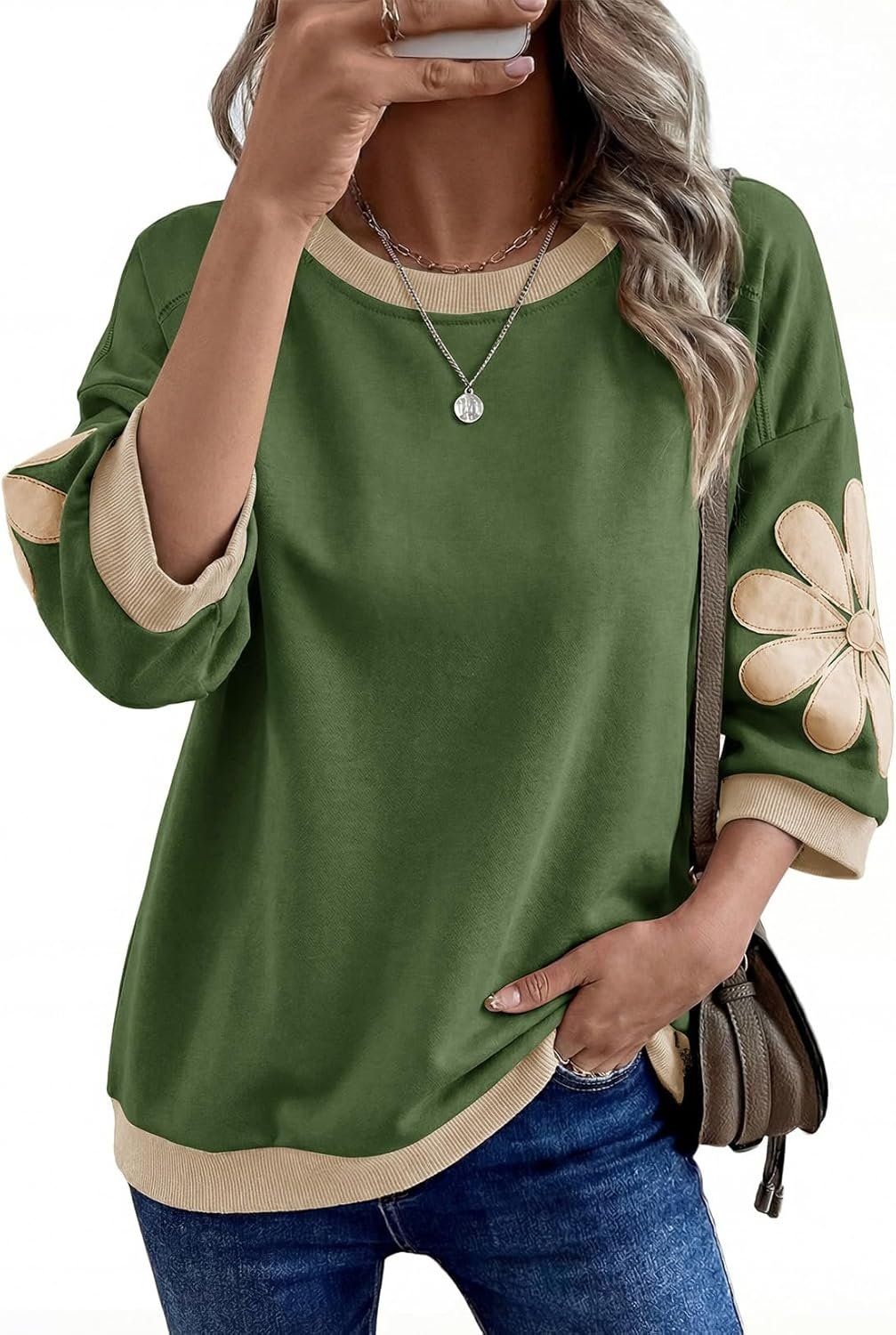 Dokotoo Women’s Oversized 3/4 Sleeve Sweatshirt Floral Patch Crewneck Pullover Casual Tops