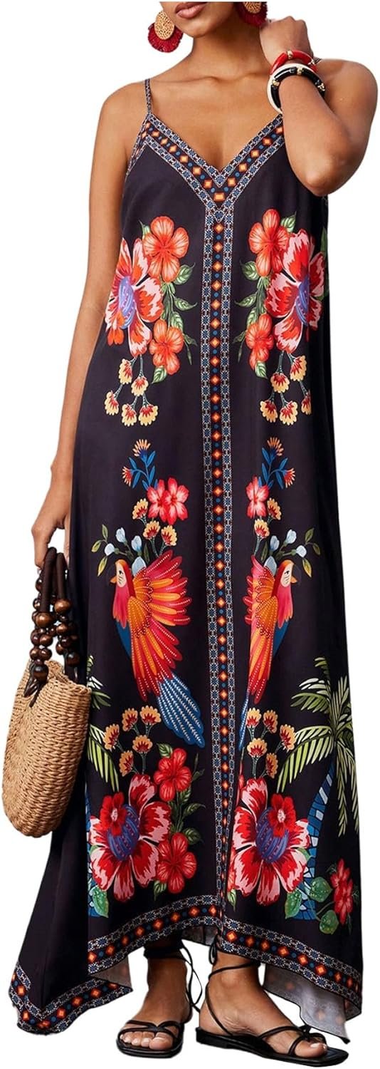 RoseSeek Women’s Boho Floral Print Maxi Dress V Neck Spaghetti Strap Flowy Dress Vacation Sundresses