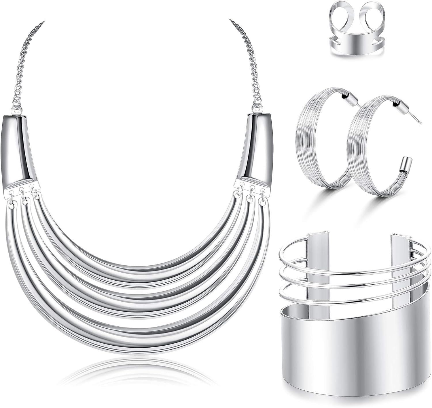 JOERICA Bib Choker Necklace Silver Gold Jewelry Set Wide Cuff Bangle Bracelet Open Hoop Earrings Adjustable Ring Chunky Silver Gold Statement Costume Jewelry Set for Women