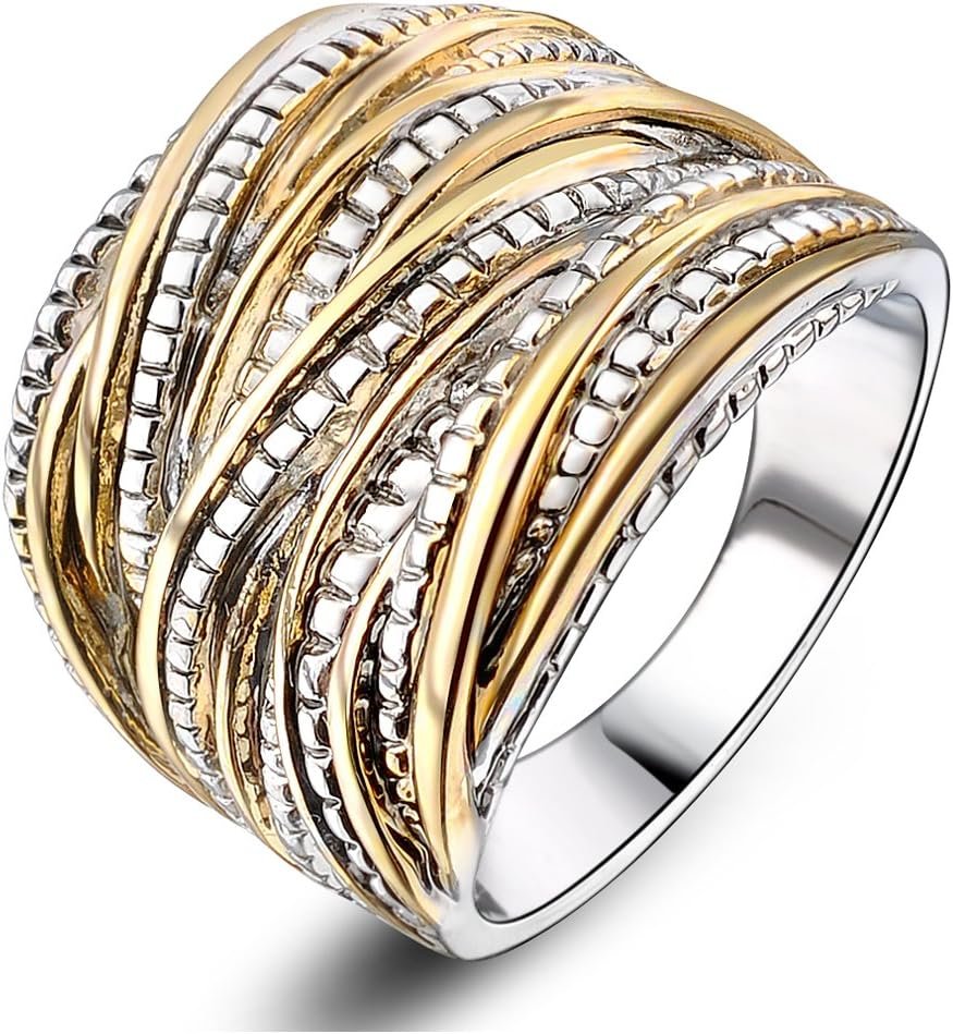 Mytys 2 Tone Intertwined Crossover Statement Ring Fashion Chunky Band Rings for Women Wide Index Finger Rings Costume Jewelry