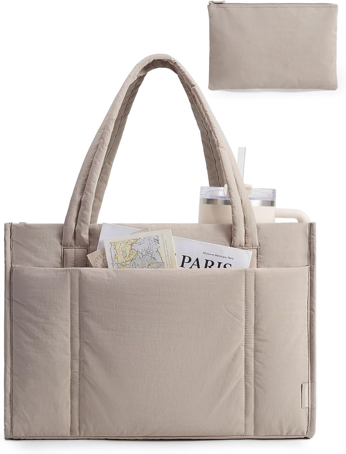 BAGSMART Tote Bag for Women, 2Pc Puffer Tote Bag with Zipper, Quilted Work Tote Teacher Bag Shoulder Handbag | Beach Tote