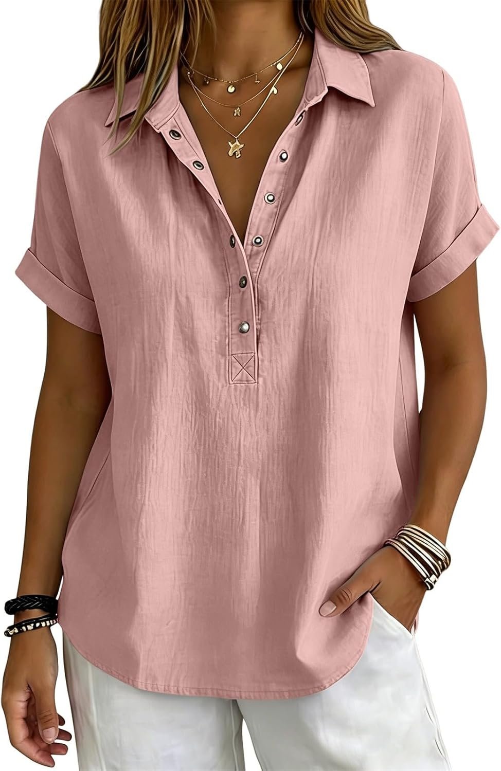 Linen Tops for Women – Summer Gauze Shirts Button Down Short Sleeve V Neck Blouses Dressy Casual Tunic Clothes