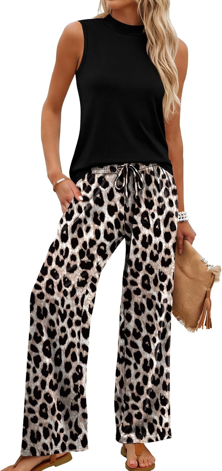 WIHOLL Two Piece Set for Women Summer Spring Outfits Cruise Travel Airport Beach Vacation Mock Neck Wide Leg Pants Set