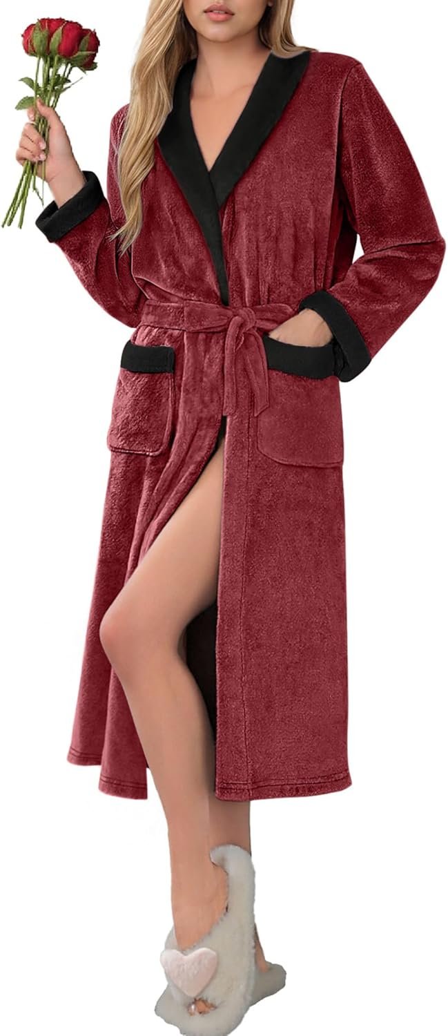 Ekouaer Robes for Women Soft Long Bathrobe Lightweight Fleece Shawl Collar Spa Robe Cozy Sleepwear with Pockets S-XXL