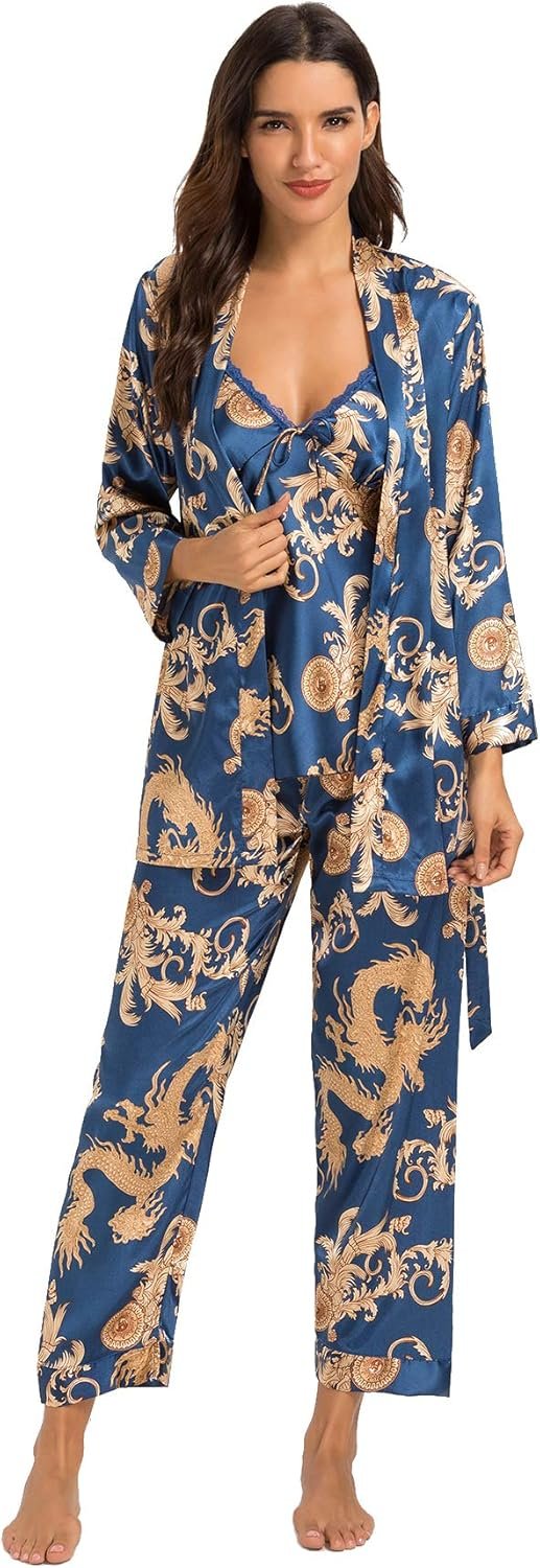 Escalier Women’s Silk Satin Pajamas Set 3 Pcs Floral Silky Pj Sets Sleepwear Cami Nightwear with Robe and Pant