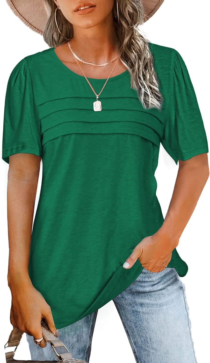 JomeDesign Womens Summer Tops Short Sleeve Crew Neck Shirts Puff Sleeve Casual Tshirts