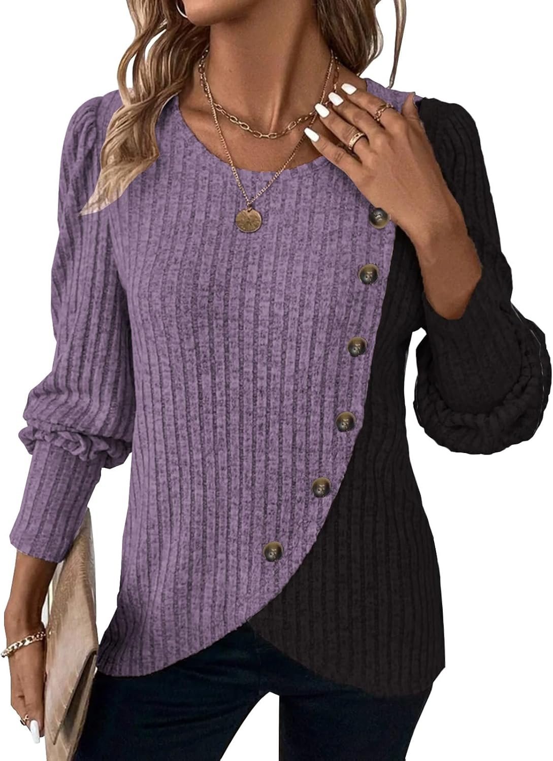 MixShe Womens Knit Sweaters 2026 Fall Winter Casual Long Sleeve Ribbed Colorblock Button Pullover Tops