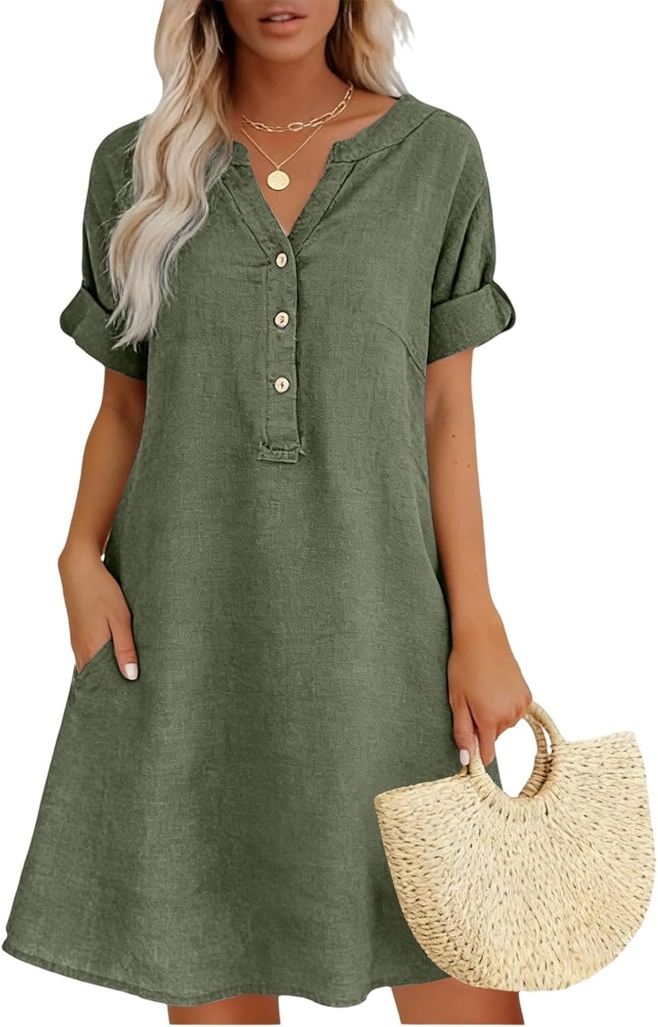 Summer Dress for Women Cotton Linen Short Sleeves Boho Flowy House Dresses Plus Size Lounge Sun Dress with Pockets