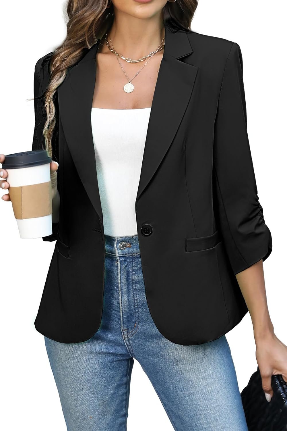 ELLEVEN Women’s Ruched 3/4 Sleeve Blazers, Lightweight Slim Fit Jackets with Padded Shoulder for Business Casual
