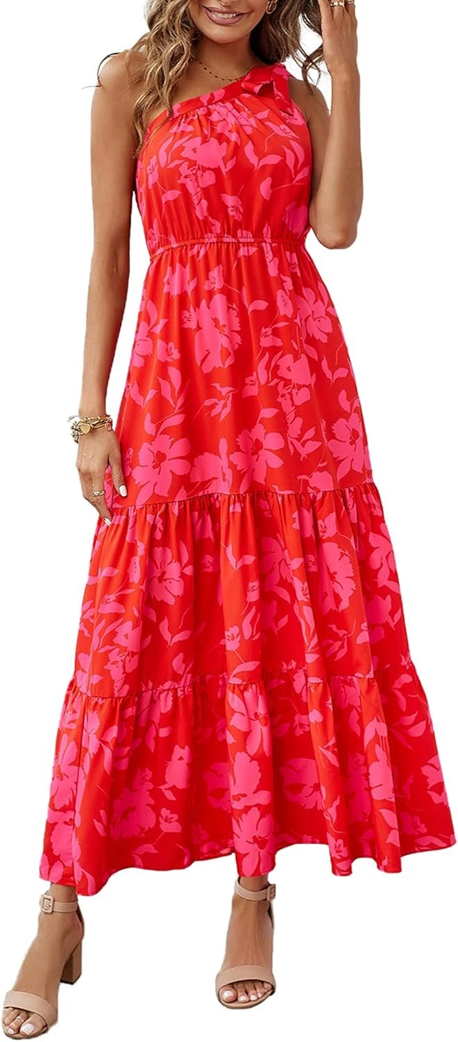 PRETTYGARDEN Women’s Summer Floral One Shoulder Maxi Dress Knot Ruffle Boho Beach Vacation Wedding Guest Long Sun Dresses