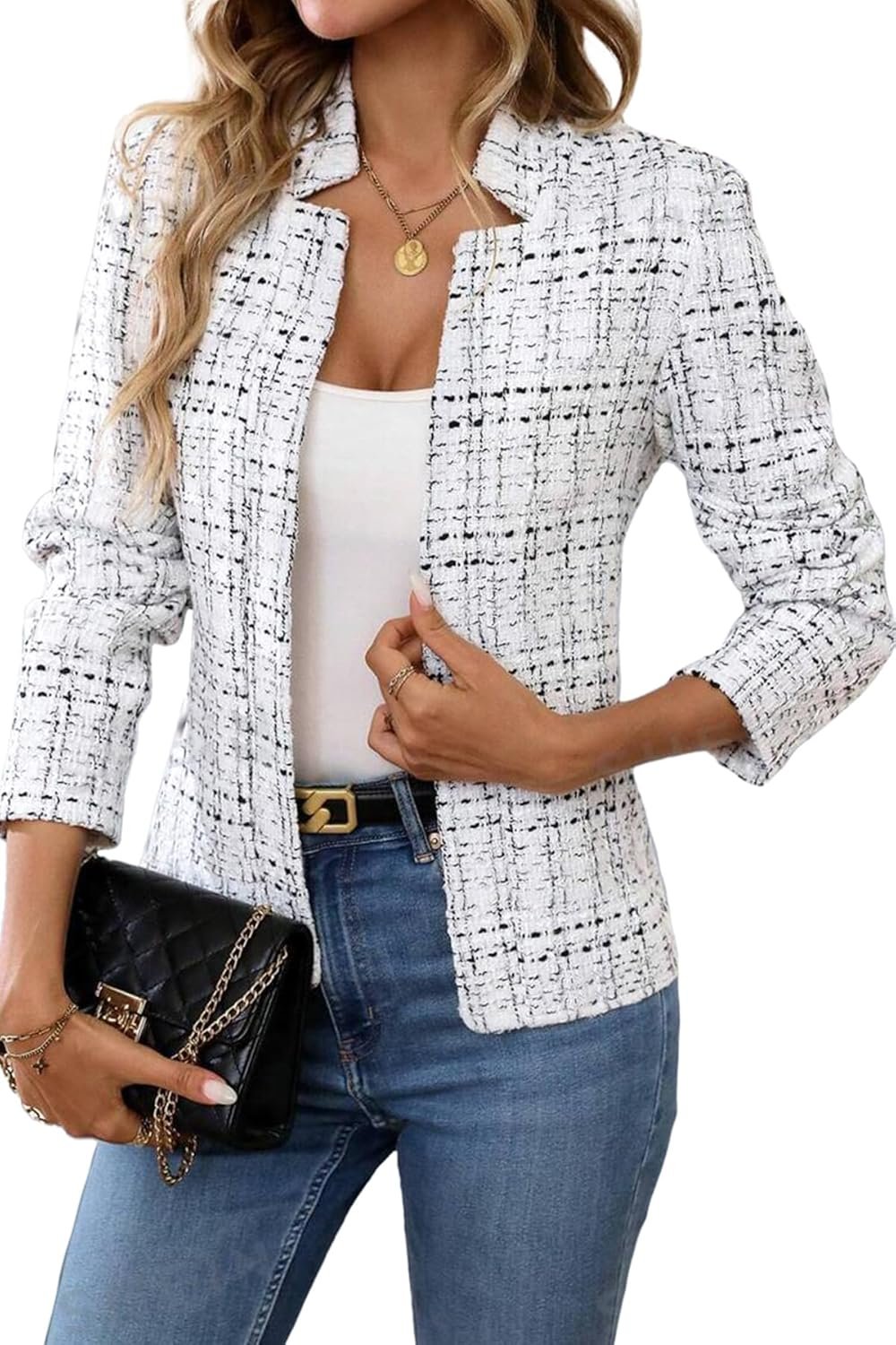 ELLEVEN Womens’ Tweed Open Front Blazer Long Sleeve Jacket Notch Collar Fully Lined Casual Business Work Office Coat