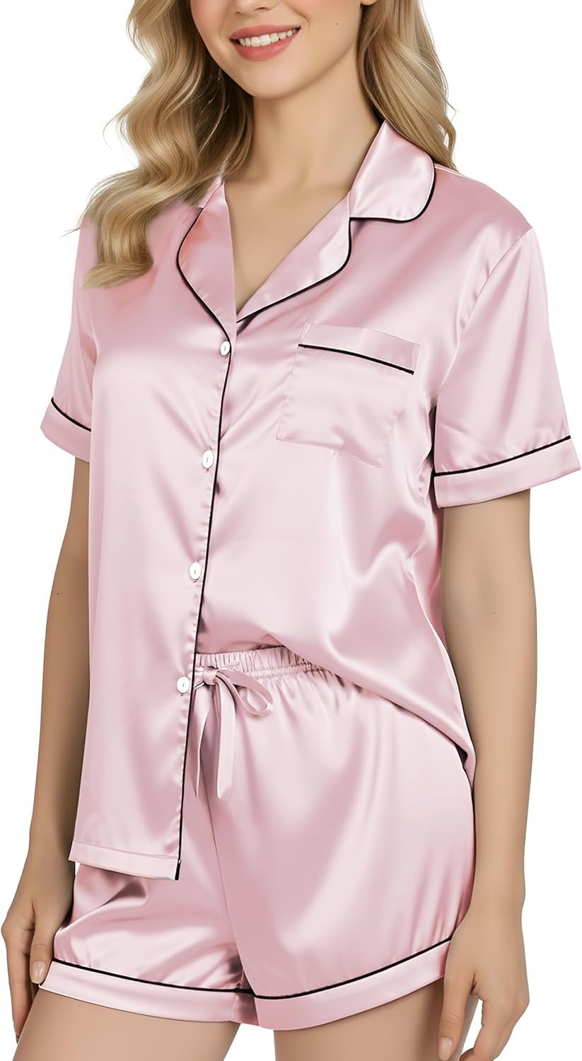 NY Threads Women’s Silk Satin Pajamas Set Button Down Top and Shorts 2 Piece Sleepwear Loungewear Pjs Set