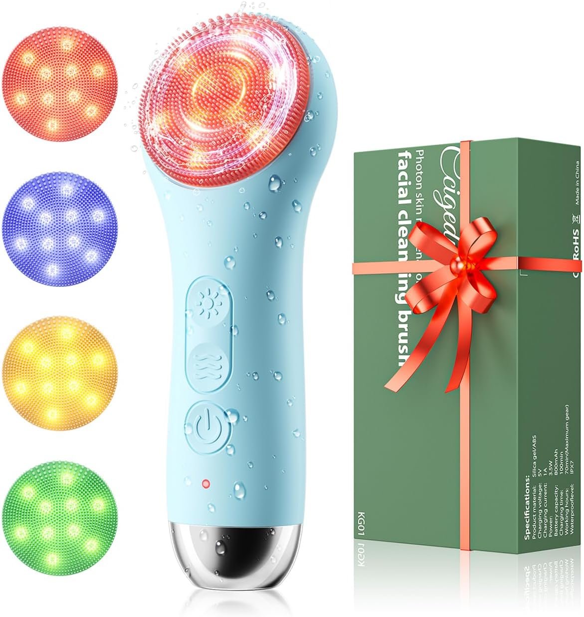 Face Scrubber Facial Cleansing Brush – Waterproof and Rechargeable Face Cleansing Brush with 4 LED Gentle Light, Cleansing, Exfoliating and Massaging, Electric Face Scrub Brush for Men & Women