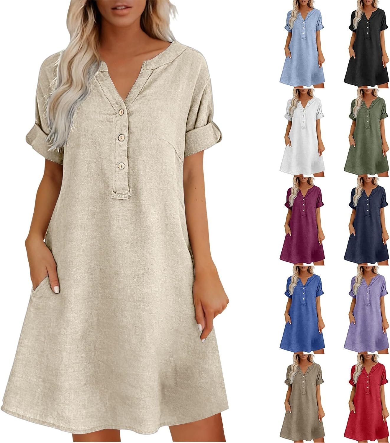 Cotton Linen Dresses for Women Short Sleeve Lace V Neck Casual Summer Midi Dress with Pockets Loose Fit Beach Vacation