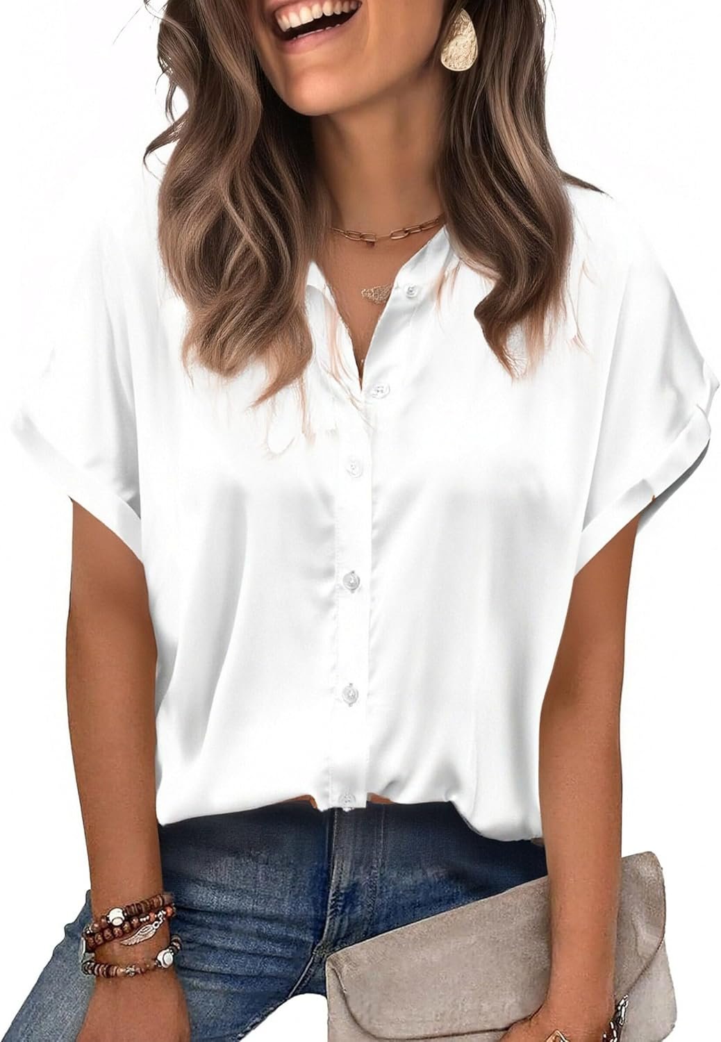Zeagoo Womens Satin Blouse Short Sleeve Silk Tops Button Down Shirts Business Casual Outfits