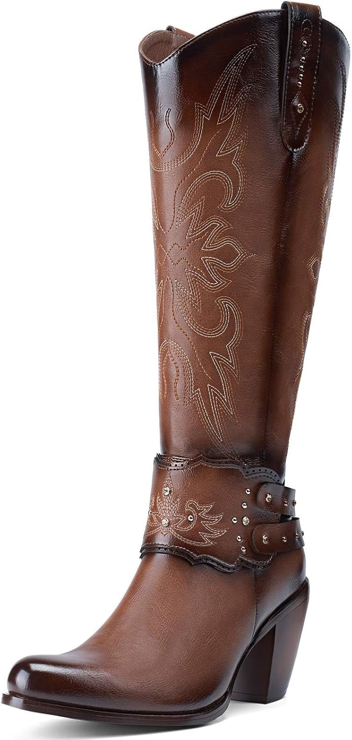 Rollda Cowboy Boots for Women, Cowgirl Boots Knee High, Ladies Tall Western Boots Rounded Toe Chunky Heel Pull on Zipper for Country Concert Party Women Boots