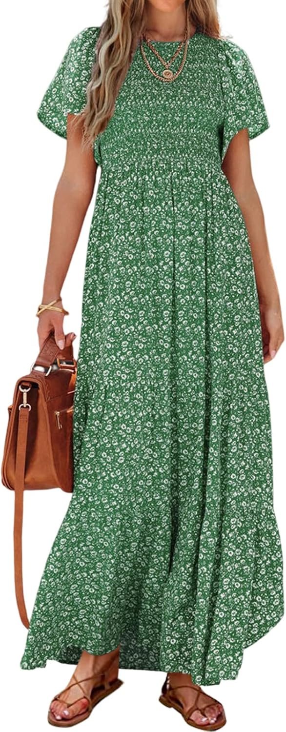 PRETTYGARDEN Women’s 2026 Summer Casual Flutter Short Sleeve Boho Floral Maxi Dress Crew Neck Smocked Tiered Long Dresses