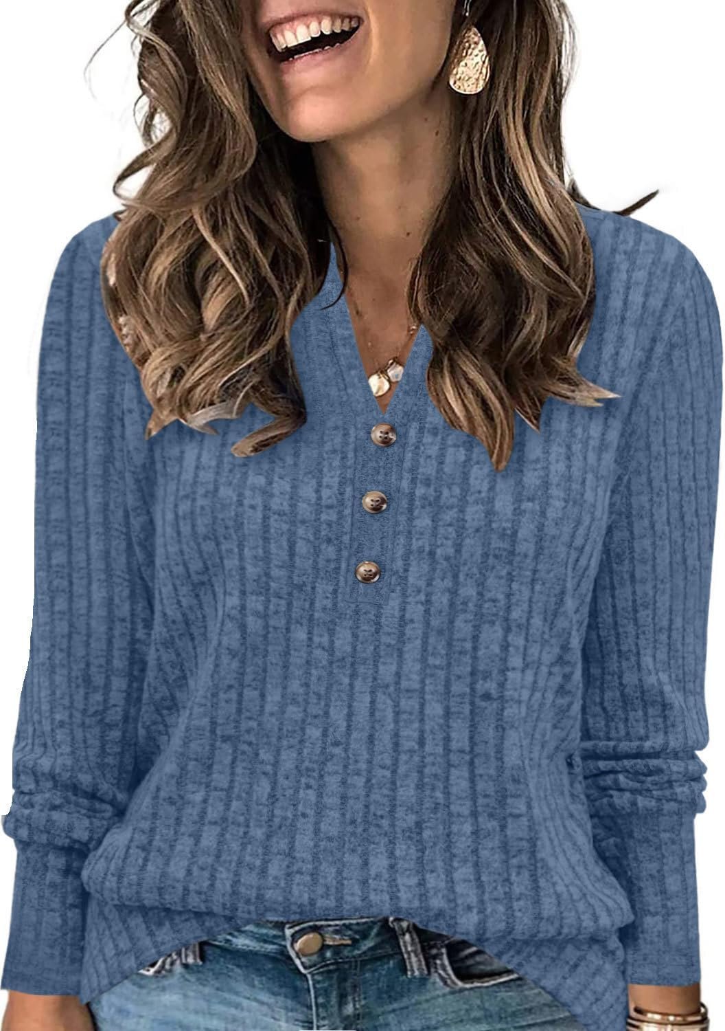 Plus Size Tops for Women Long Sleeve V Neck Button Down Shirts Casual Loose Tunic Sweaters Fall Winter Outfits L-4XL