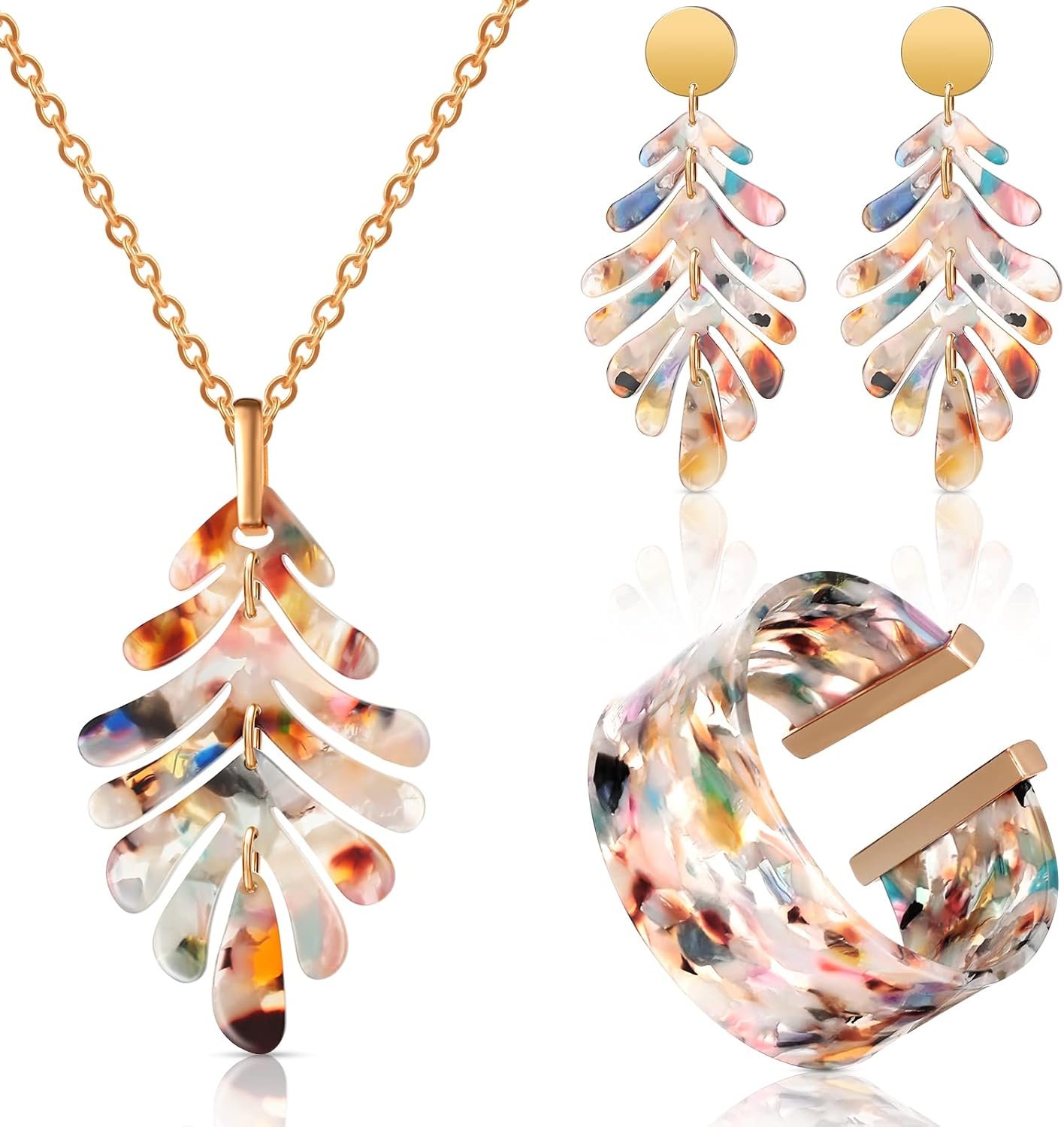 Kenning 4 Pcs Acrylic Jewelry Set for Women Statement Boho Resin Earrings Long Necklace Chunky Bracelet Tropical Jewelry Set