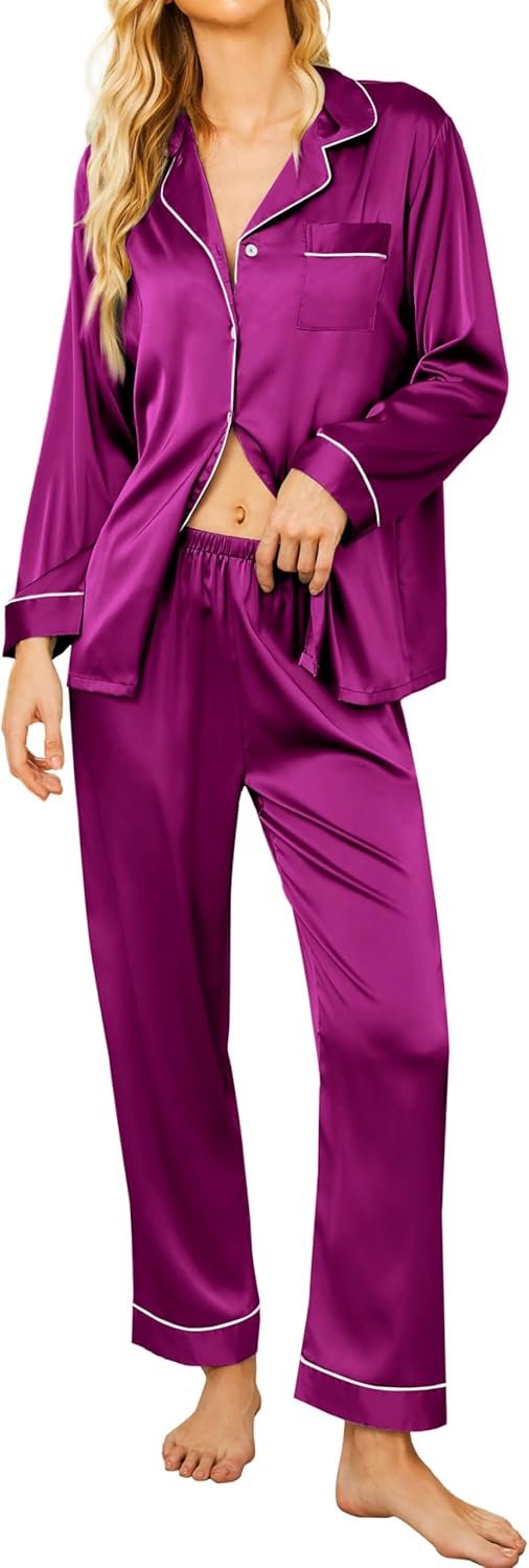Ekouaer Silk Pajamas for Women Button Down Satin Pj Set Soft Long Sleeve 2 Piece Sleepwear Loungewear S-XXL