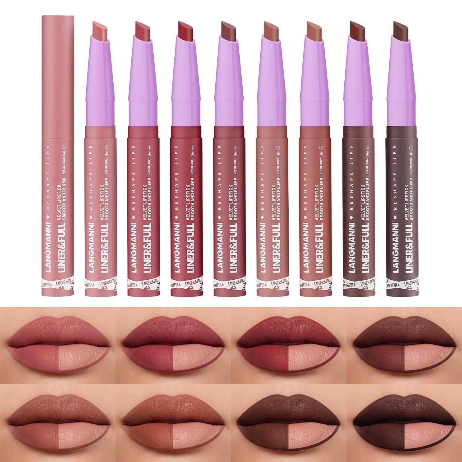 LANGMANNI 8Pcs 2-in-1 Velvet Matte Lipstick Set | All-in-One Lip Liner & Full-Size Lipstick in Unique Teardrop Shape,Gift For Women Makeup Set