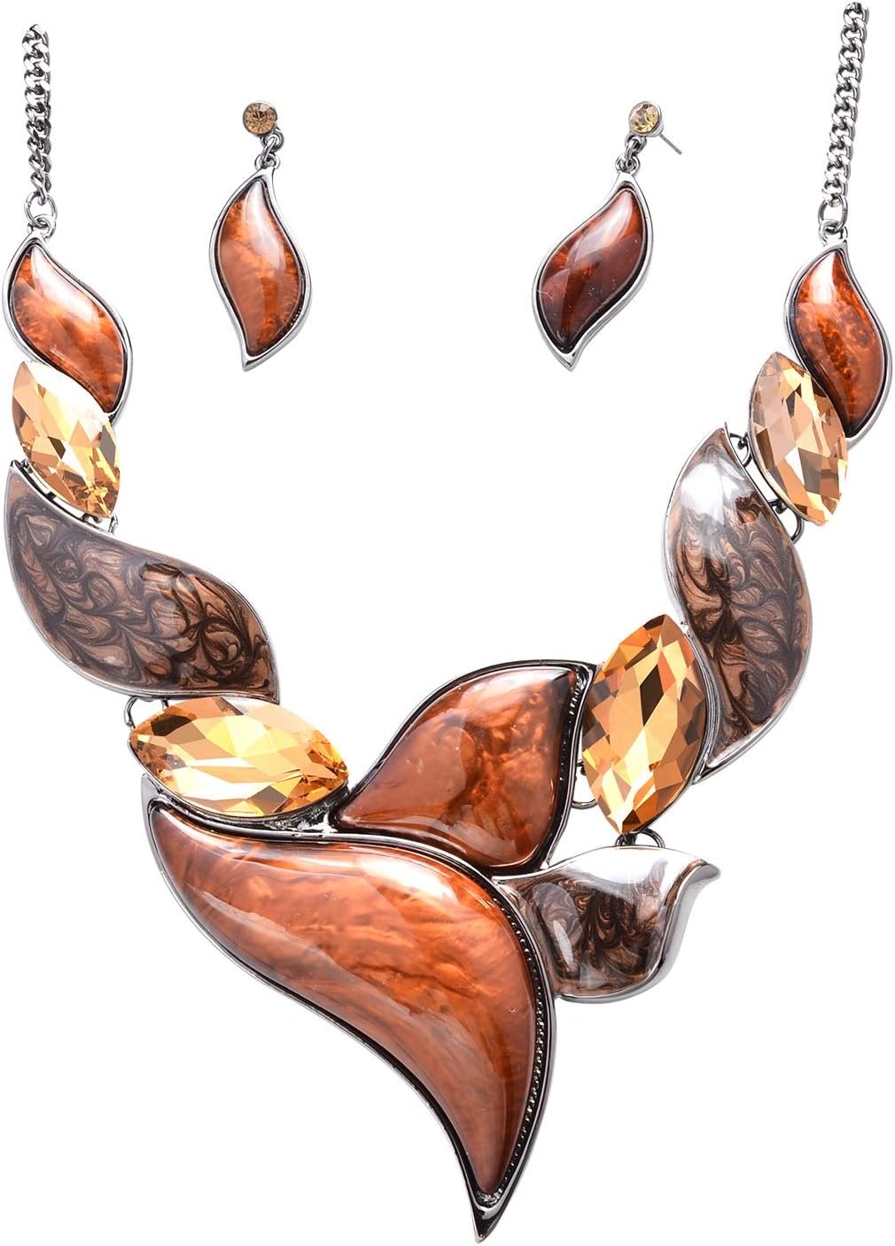 Retro Women’s Crystal Floral Petal Leaf Chunky Statement Necklace and Earrings Set Party Jewelry