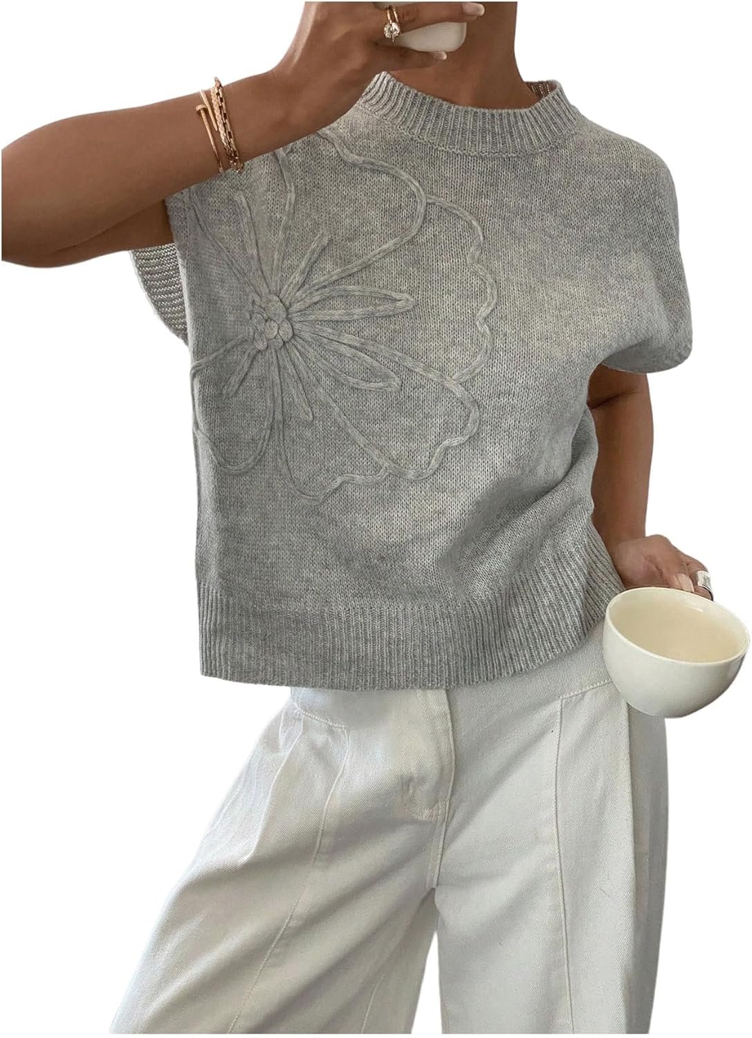 SOLY HUX Women’s Short Sleeve Sweater 3D Floral Sweaters Pullover Tank Tops Knit Vest Trendy Fashion Clothing