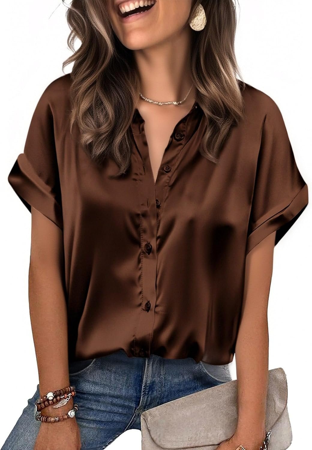 Zeagoo Womens Satin Blouse Short Sleeve Silk Tops Button Down Shirts Business Casual Outfits