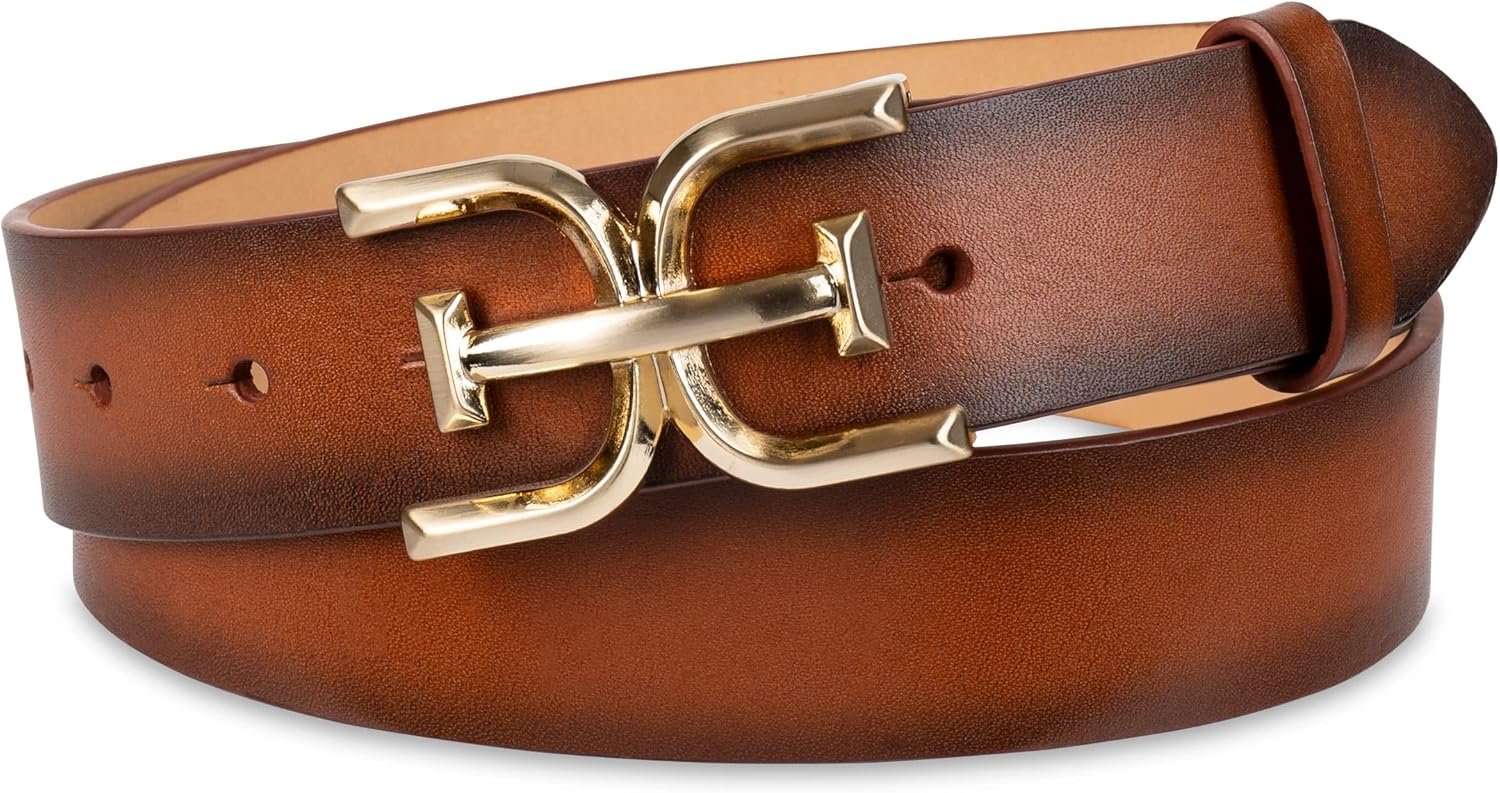 Sam Edelman Women’s Casual Double-E Logo Plaque Buckle Leather Belt for Jeans and Trousers
