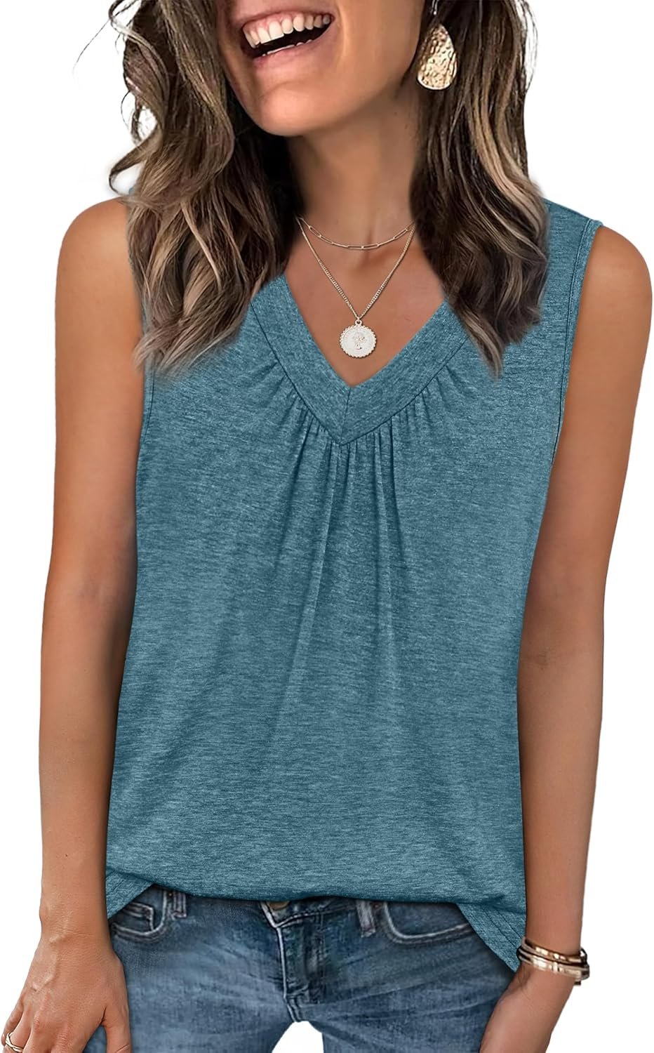 OFEEFAN Tank Top for Women Loose Fit Sleeveless Shirts V Neck Summer Clothes Ruched Women’s Tees and Tanks Curved Hem