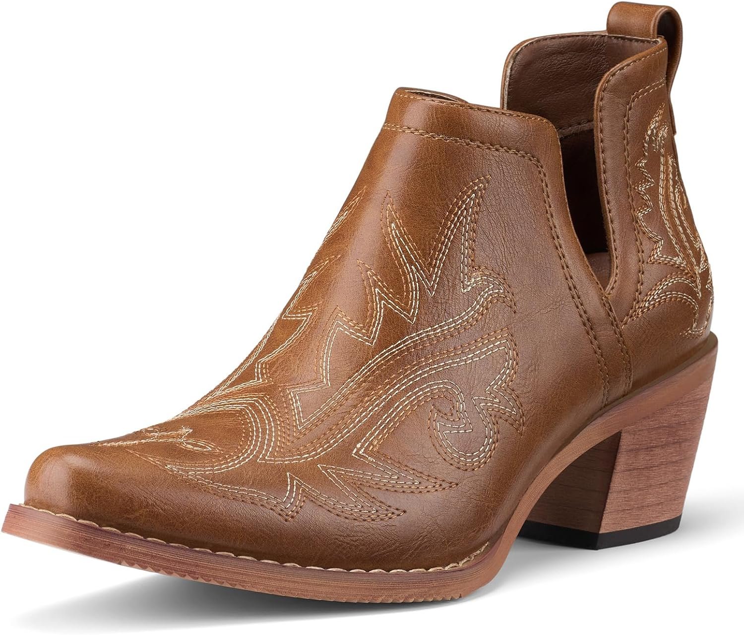Rollda Cowboy Ankle Booties for Women, Cowgirl Short Boots with Chunky Stack Heels, V Cutout Ladies Western Booties for Cowboy Chic Style
