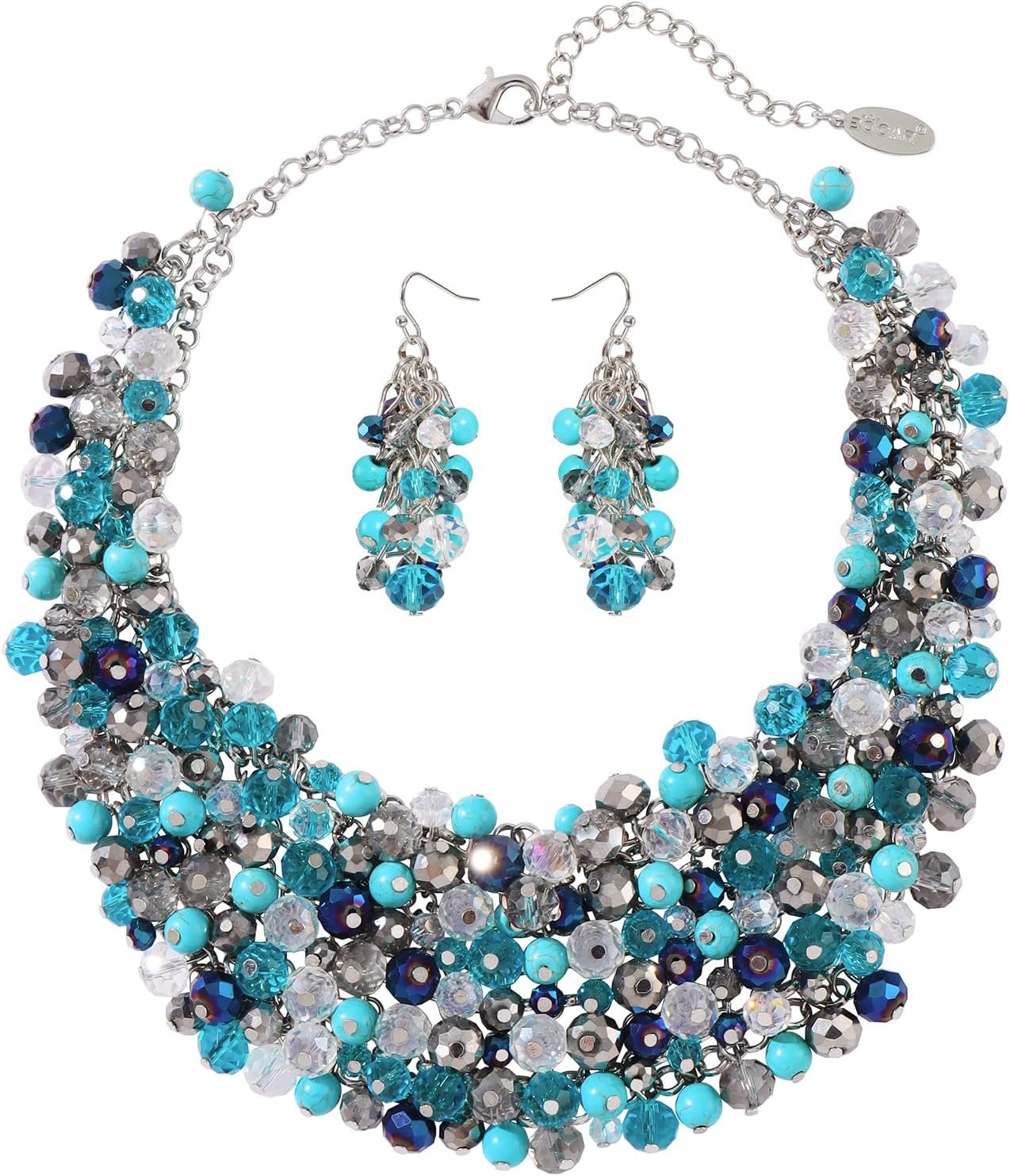 Bocar Fashion Crystal Chunky Collar Statement Necklace Earring Set for Women Gift (NK-10260)