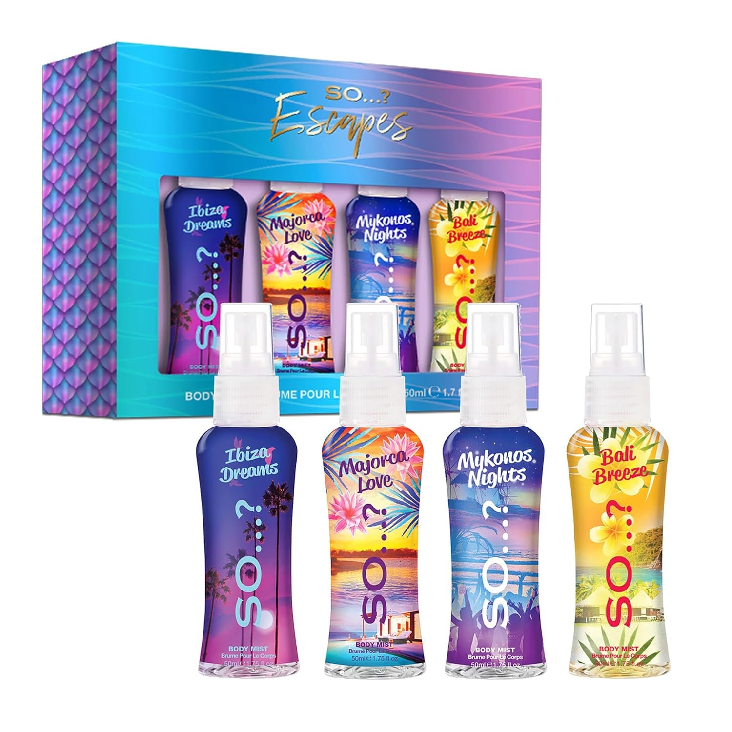 So…? Escapes Body Mist Set – Perfumes for Women – Everyday Body Spray for Women – Vegan, Cruelty Free Fragrances – Travel Size Gift Set – 4 pcs