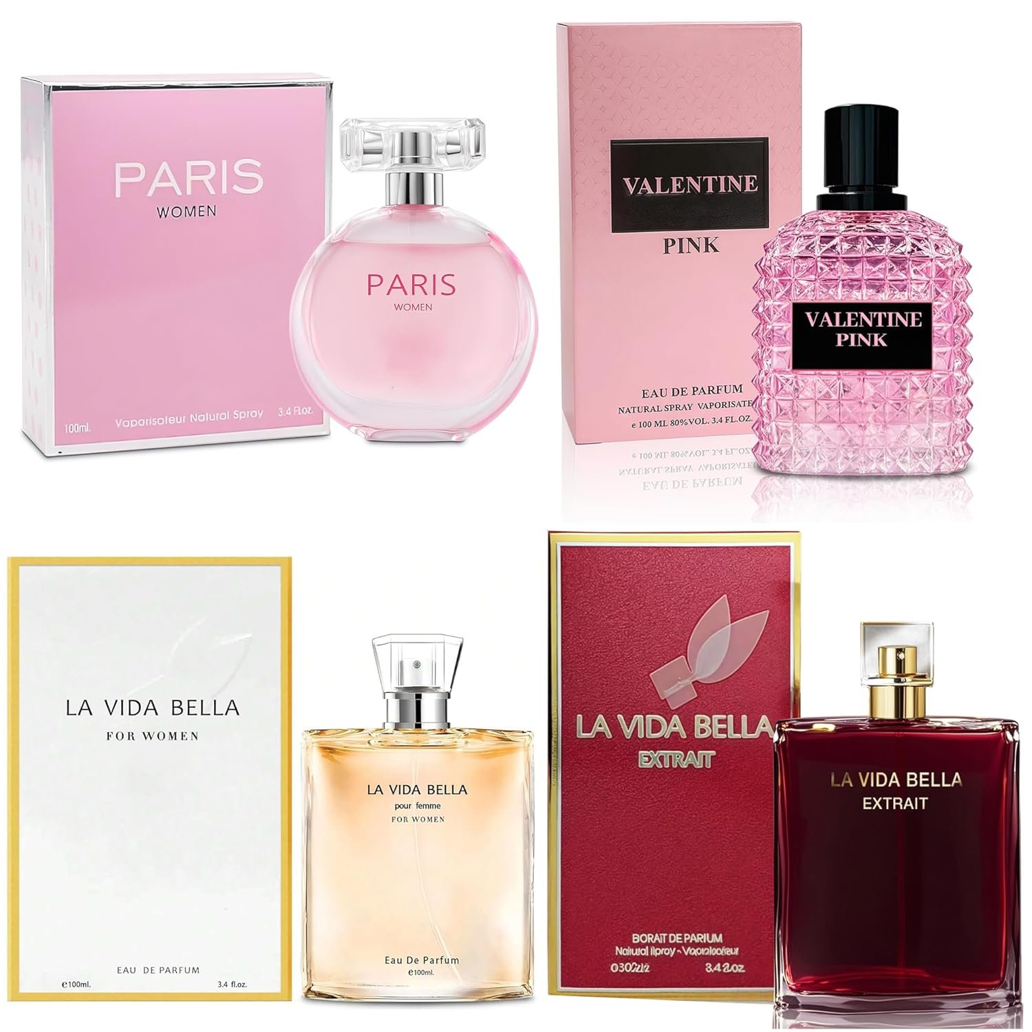 A CENTER 4PCS Perfume Set for Women Fragrance Gift Set with Vanilla,Sweet Fruity Eau De Parfume| 3.4 Fl Oz Each(La Vida Bella,La Vida Bella Ext,Valentine Pink,Paris Women)