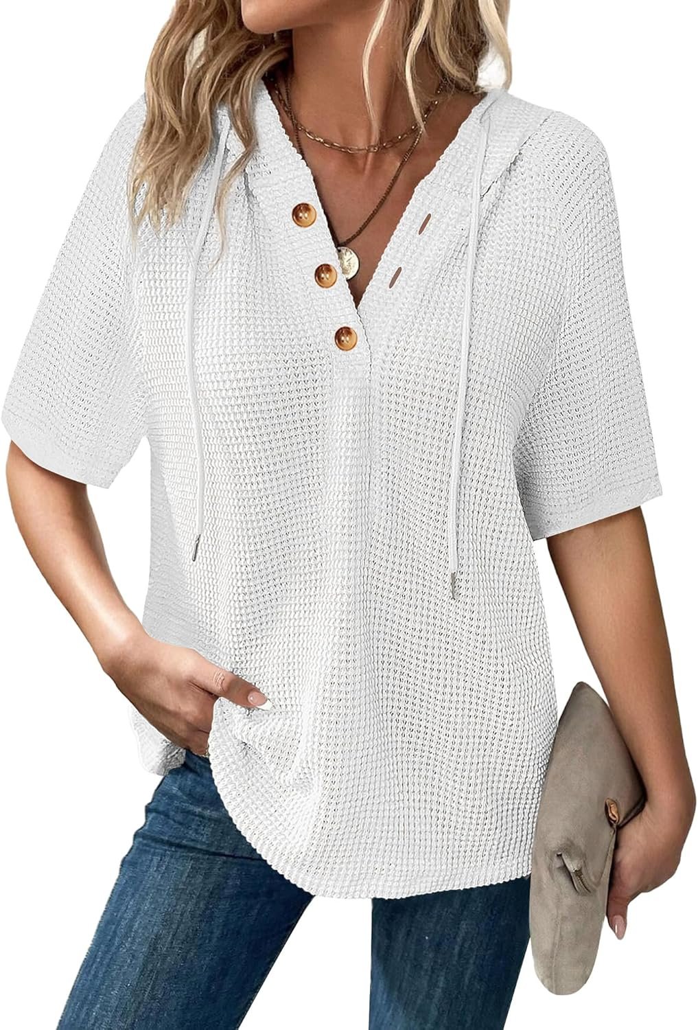 Dimur Hoodies for Women Oversized Waffle Knit V-Neck Summer Top Casual Drawstring Hooded Pullover Sweatshirt