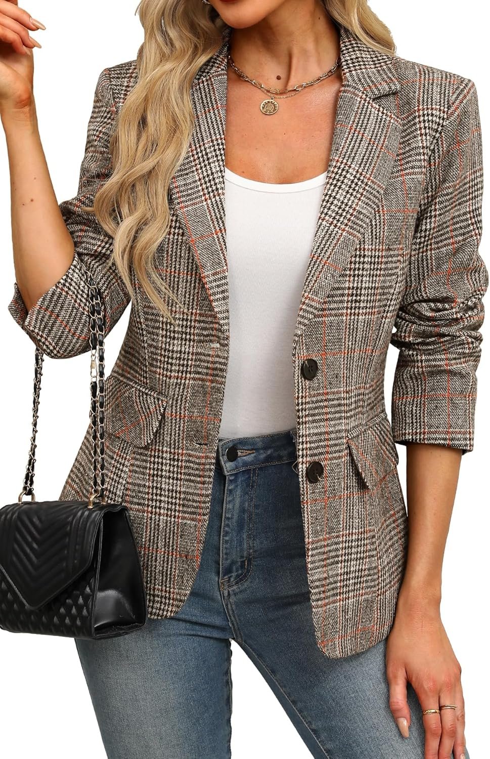 ELLEVEN Women’s Lapel Collar Plaid 2 Button Boyfriend Blazer Suit Houndstooth Work Office Blazer Jacket