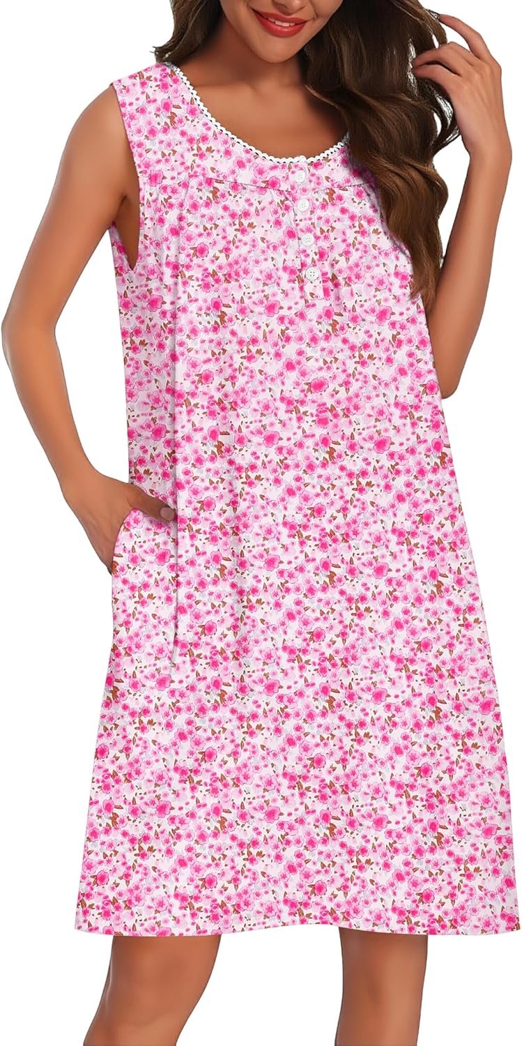 Ekouaer Cotton Nightgowns for Women Tank Sleeveless Night Gowns Lace Button Sleep Dress House Dress with Pockets S-3XL