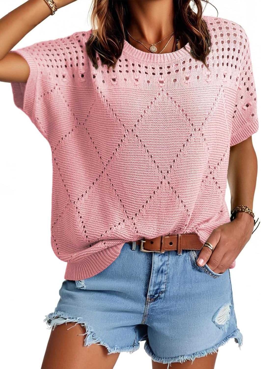 Dokotoo Women’s Casual Crew Neck Short Sleeve Sweater Crochet Hollow Out Lightweight Sweaters Tops Fashion Clothing Outfits