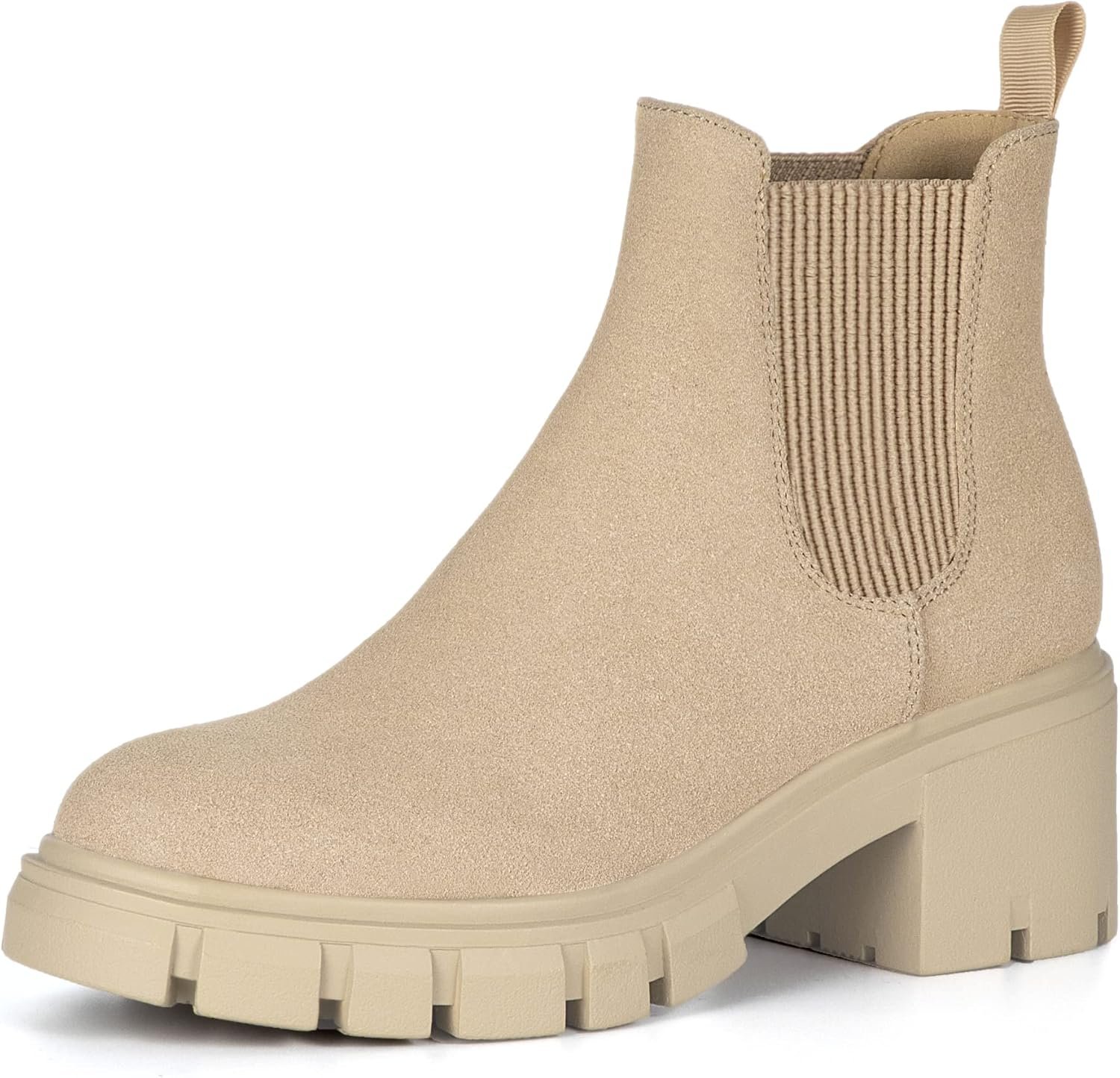Athlefit Women’s Chelsea Boots Fashion Lug Sole Chunky Heel Slip on Elastic Ankle Booties