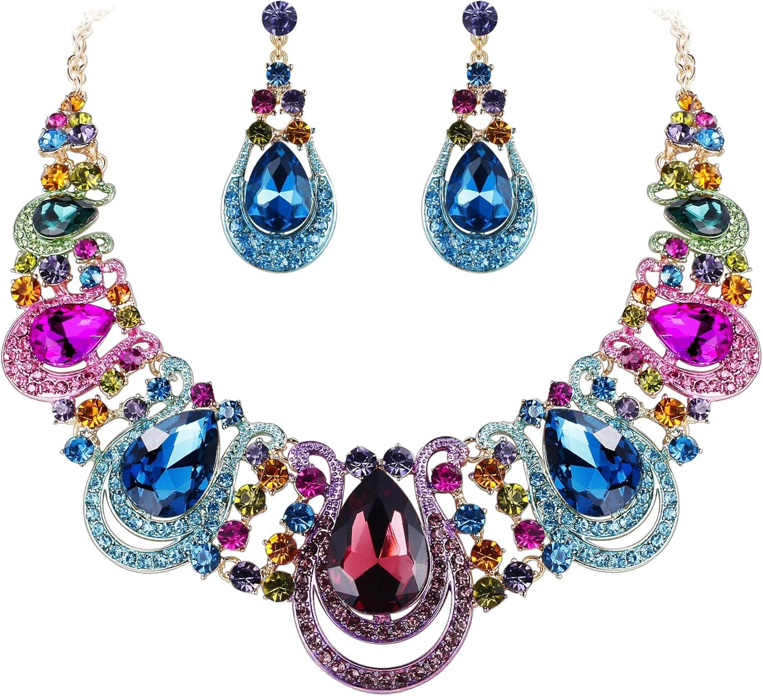 BriLove Women’s Costume Fashion Crystal Teardrop Hollow Scroll Statement Necklace Dangle Earrings Set