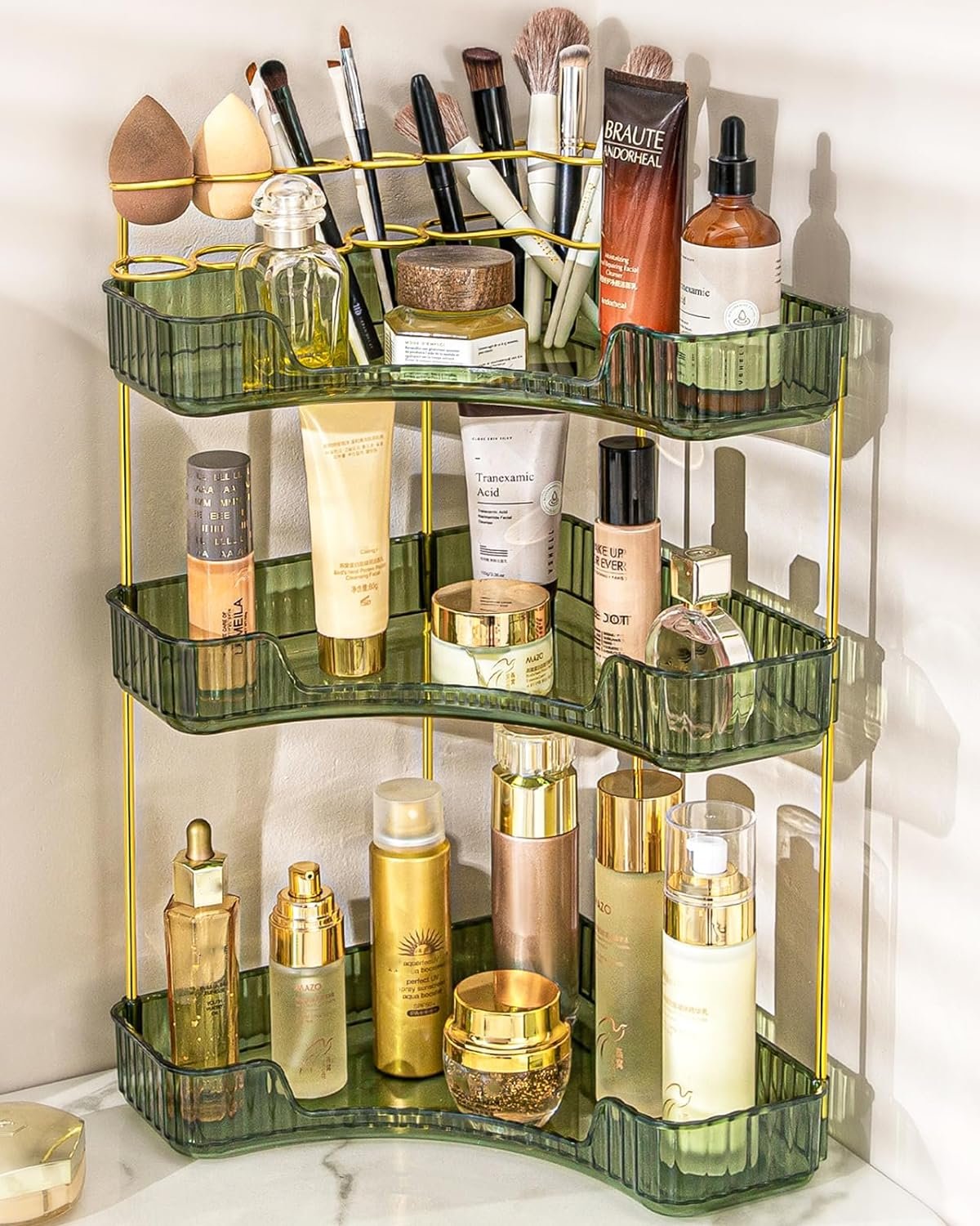 NATURE’S SOURCE Makeup Organizer for Vanity, 3-Tier Corner Bathroom Organizer Countertop with Makeup Brush Holder, Corner Counter Storage for Bathroom Dresser- Green