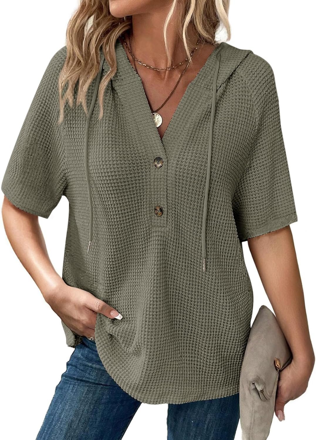 Dokotoo Womens Summer Tops Waffle Knit Short Sleeve Lightweight Drawstring Hoodies Button V Neck Casual Blouses Shirts