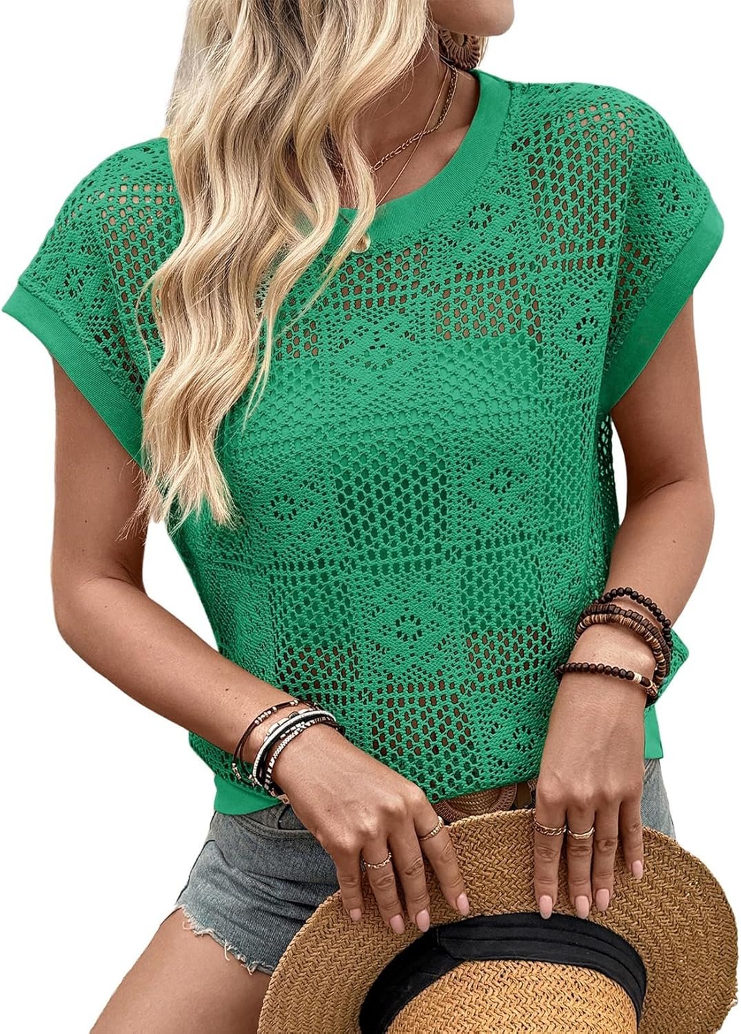 Dokotoo Womens Summer Crochet Tops Cap Sleeve Hollow Out Resort Wear Sweaters Lightweight Beach Vacation Clothes